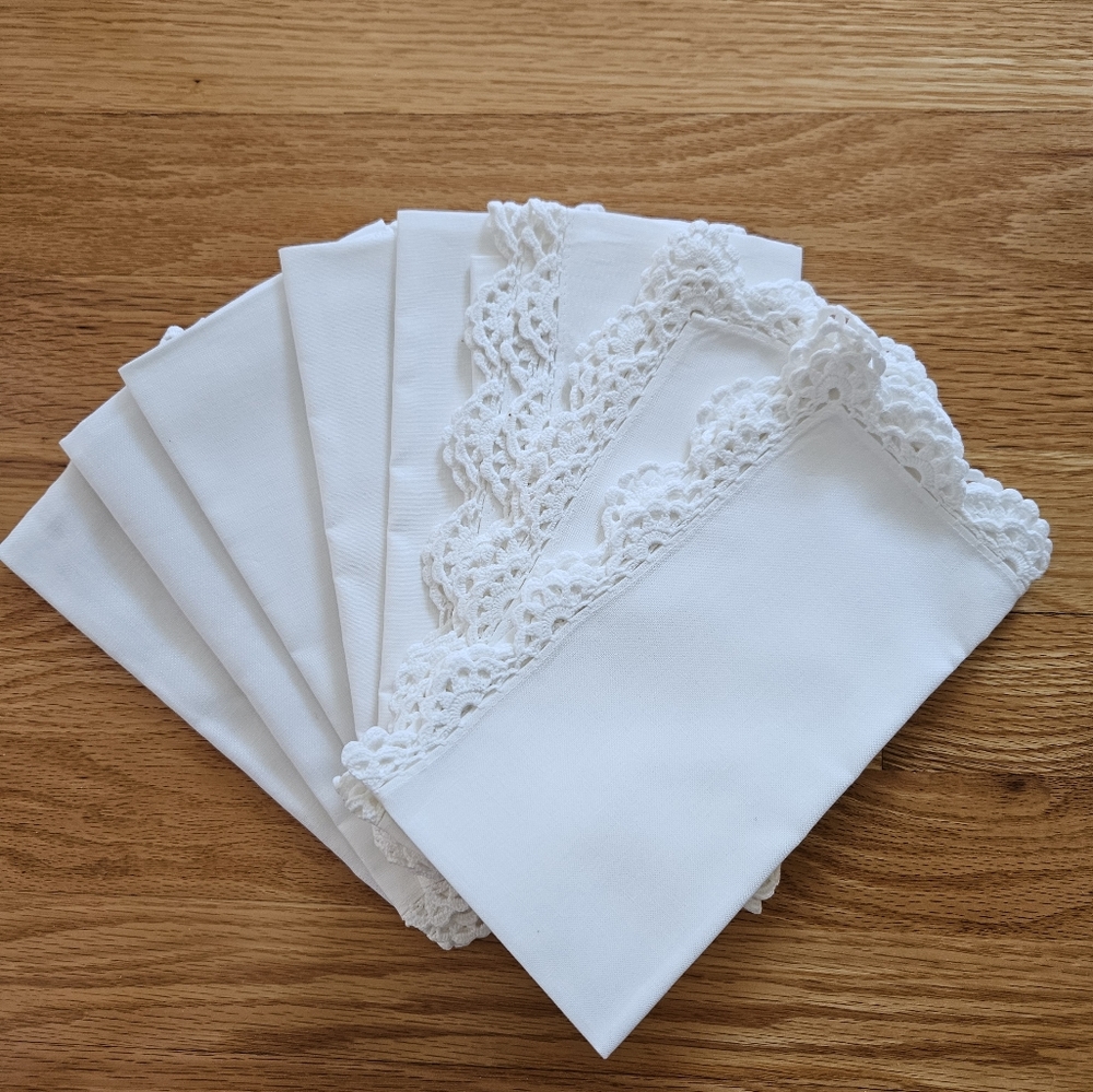 8 White Elegant Napkins Soft touch cotton, crocheted edging